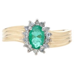 Yellow Gold Emerald 
Diamond Halo Ring, 14k Oval Cut .76ctw Ribbed Curved