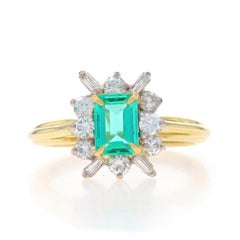 Yellow Gold Emerald & Diamond Halo Ring - 18k Emerald Cut 1.17ctw Cathedral