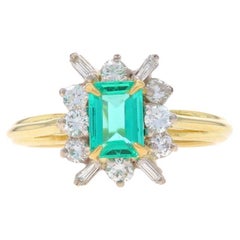 Yellow Gold Emerald & Diamond Halo Ring - 18k Emerald Cut 1.17ctw Cathedral