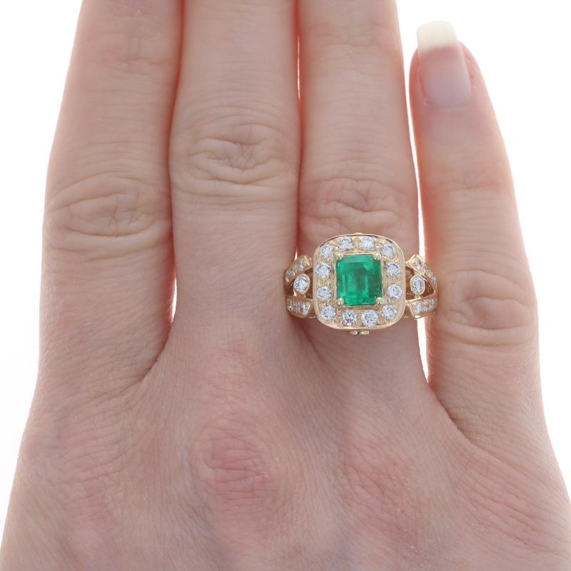 Size: 6 3/4
Sizing Fee: Up 2 sizes for $100 or Down 1 size for $100

Metal Content: 18k Yellow Gold

Stone Information
Natural Emerald
Treatment: Clarity Enhanced (F1)
Carat(s): 1.40ct
Cut: Emerald
Color: Green
Origin: Colombia
Certified by: