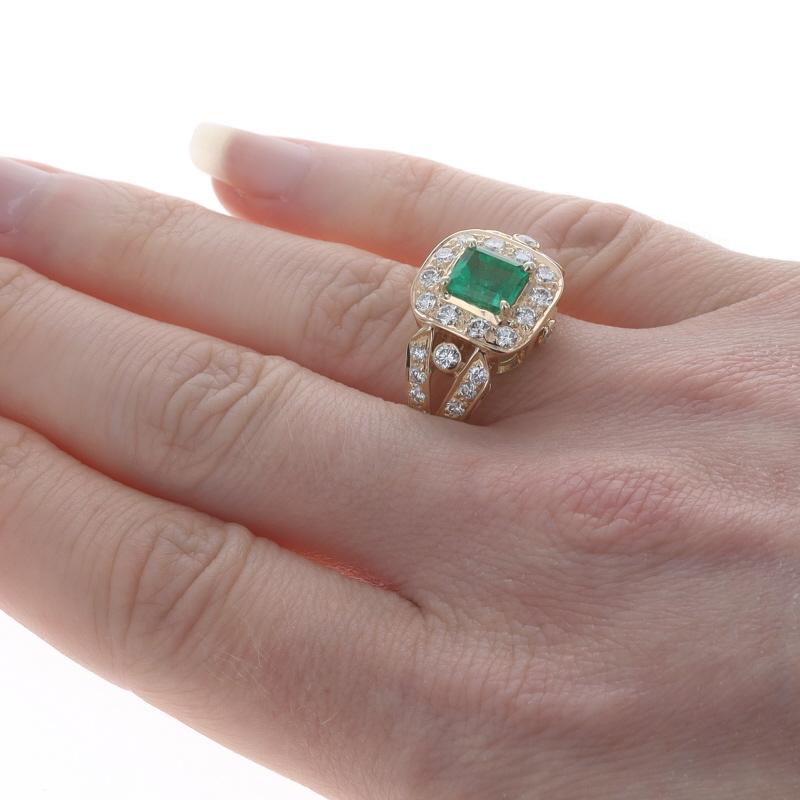Women's Yellow Gold Emerald & Diamond Halo Ring - 18k Emerald Cut 2.70ctw GIA For Sale