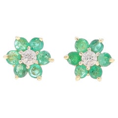 Yellow Gold Emerald 
Diamond Halo Stud Earrings 10k Rnd .96ctw Flowers Pierced