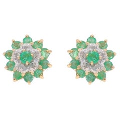 Yellow Gold Emerald Diamond Halo Stud Earrings 14k Round 1.01ctw Flowers Pierced