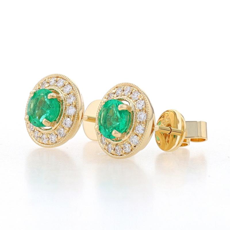 Round Cut Yellow Gold Emerald & Diamond Halo Stud Earrings - 14k Round 1.13ctw Pierced For Sale