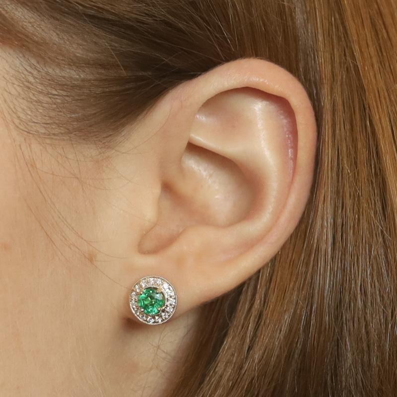 Yellow Gold Emerald & Diamond Halo Stud Earrings - 14k Round 1.13ctw Pierced In New Condition For Sale In Greensboro, NC