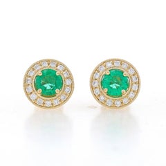 Yellow Gold Emerald & Diamond Halo Stud Earrings - 14k Round 1.13ctw Pierced