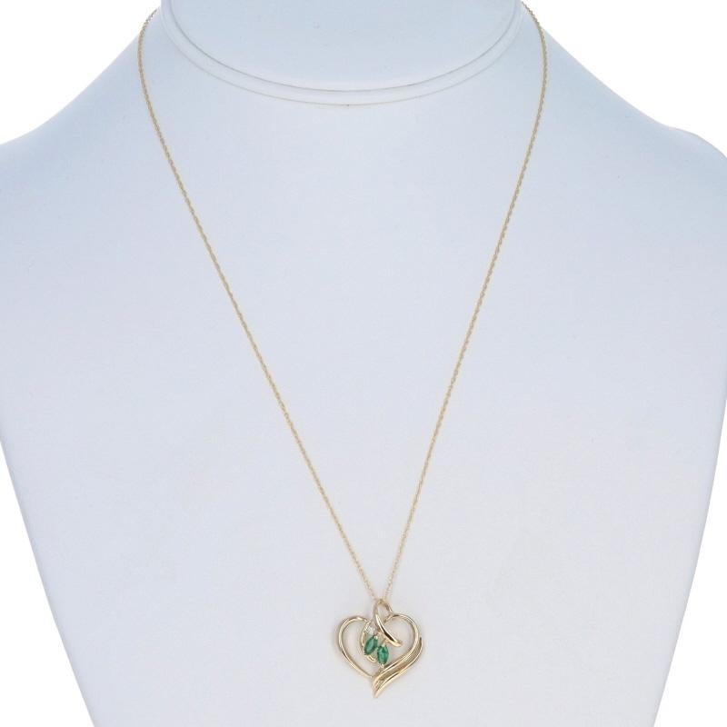 Metal Content: 14k Yellow Gold

Stone Information

Natural Emerald
Treatment: Oiling
Carat(s): .16ctw
Cut: Marquise
Color: Green

Natural Diamond
Cut: Round Brilliant
Stone Note: (one small accent)

Total Carats: .16ctw

Chain Style: Prince of