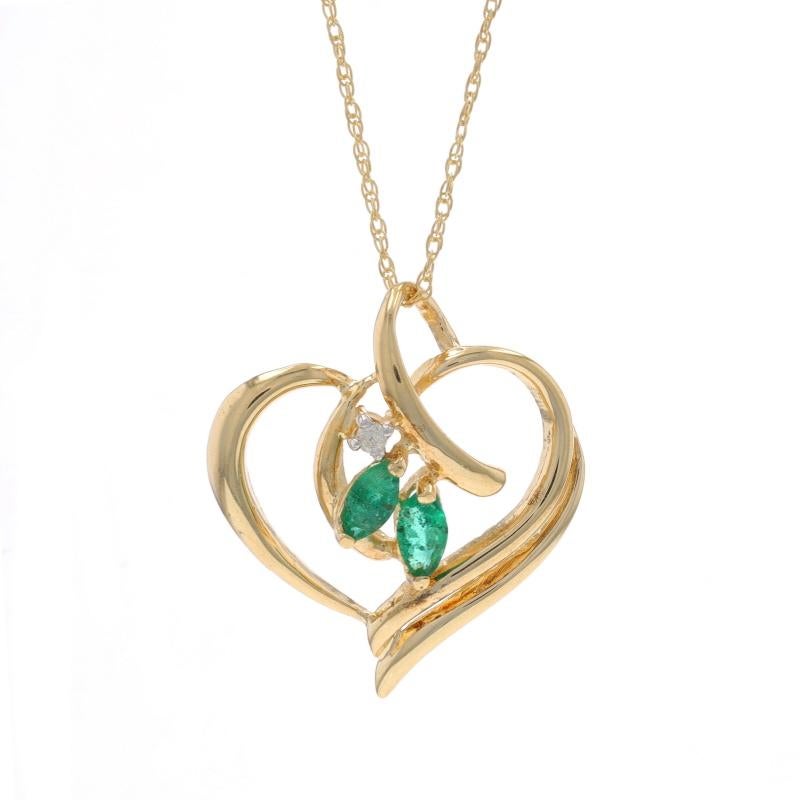Yellow Gold Emerald Diamond Heart Pendant Necklace 18