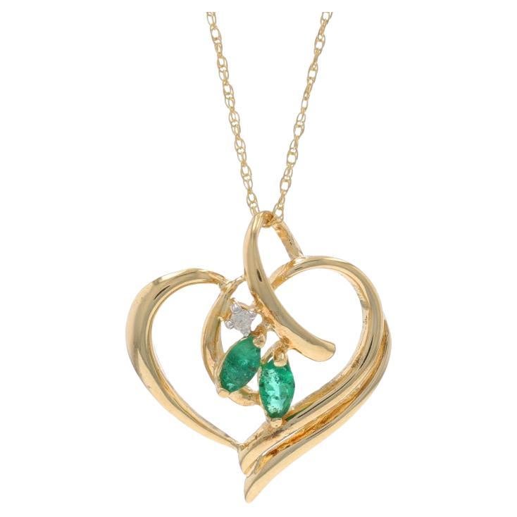 Yellow Gold Emerald Diamond Heart Pendant Necklace 18" -14k Marquise .16ctw Love