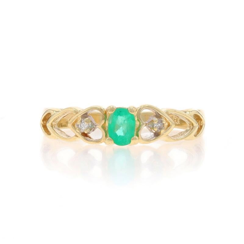 Size: 6
Sizing Fee: Up 2 1/2 sizes for $30 or Down 1 size for $30

Metal Content: 10k Yellow Gold & 10k White Gold

Stone Information

Natural Emerald
Treatment: Oiling
Carat(s): .16ct
Cut: Oval
Color: Green

Natural Diamonds
Carat(s): .02ctw
Cut: