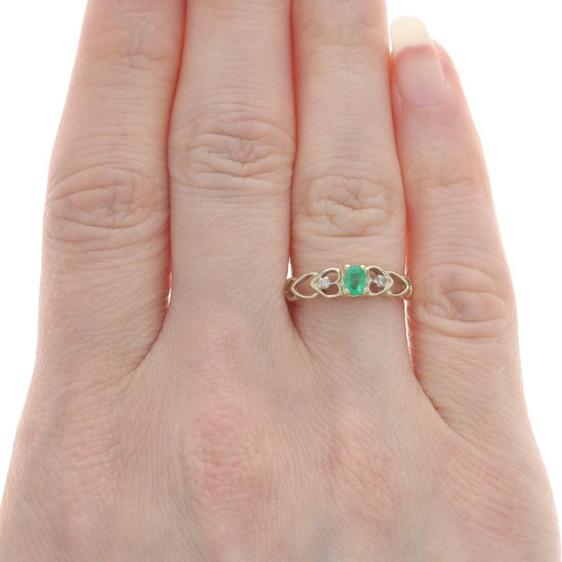 Oval Cut Yellow Gold Emerald & Diamond Hearts Ring - 10k Oval .18ctw Love For Sale