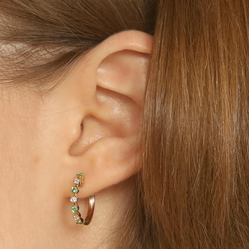 Round Cut Yellow Gold Emerald & Diamond Hoop Earrings - 14k Round .26ctw Pierced For Sale