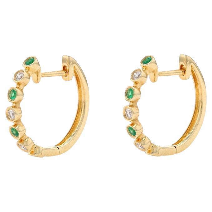Yellow Gold Emerald & Diamond Hoop Earrings - 14k Round .26ctw Pierced For Sale