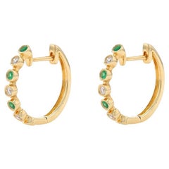 Yellow Gold Emerald & Diamond Hoop Earrings - 14k Round .26ctw Pierced
