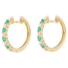 Yellow Gold Emerald & Diamond Hoop Earrings - 14k Round .50ctw Pierced