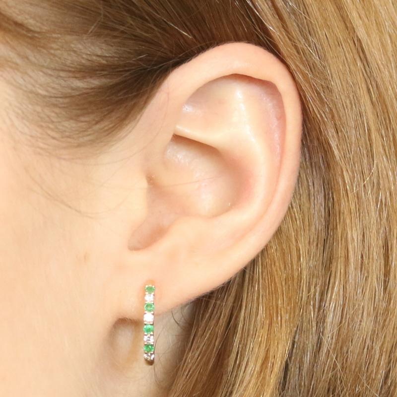 Yellow Gold Emerald & Diamond Hoop Earrings - 14k Round Cut .40ctw Pierced In New Condition For Sale In Greensboro, NC