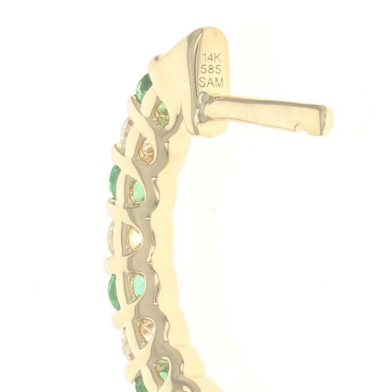 Yellow Gold Emerald & Diamond Hoop Earrings - 14k Round Cut .40ctw Pierced For Sale 1