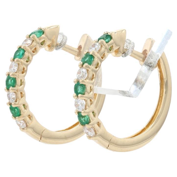 Yellow Gold Emerald & Diamond Hoop Earrings - 14k Round Cut .40ctw Pierced For Sale
