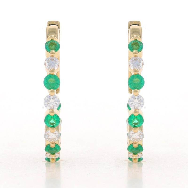 Metal Content: 14k Yellow Gold

Stone Information

Natural Emeralds
Treatment: Oiling
Carat(s): .55ctw
Cut: Round
Color: Green

Natural Diamonds
Carat(s): .50ctw
Cut: Round Brilliant
Color: G
Clarity: SI1

Total Carats: 1.05ctw

Style: Inside-Out