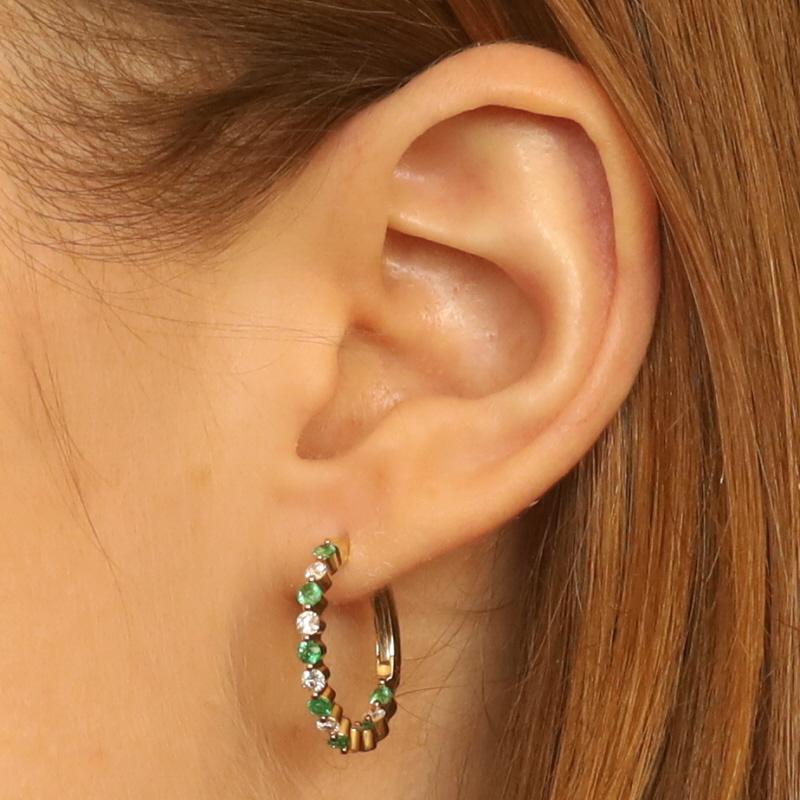Round Cut Yellow Gold Emerald & Diamond Inside-Out Hoop Earrings 14k Round 1.05ctw Pierced For Sale