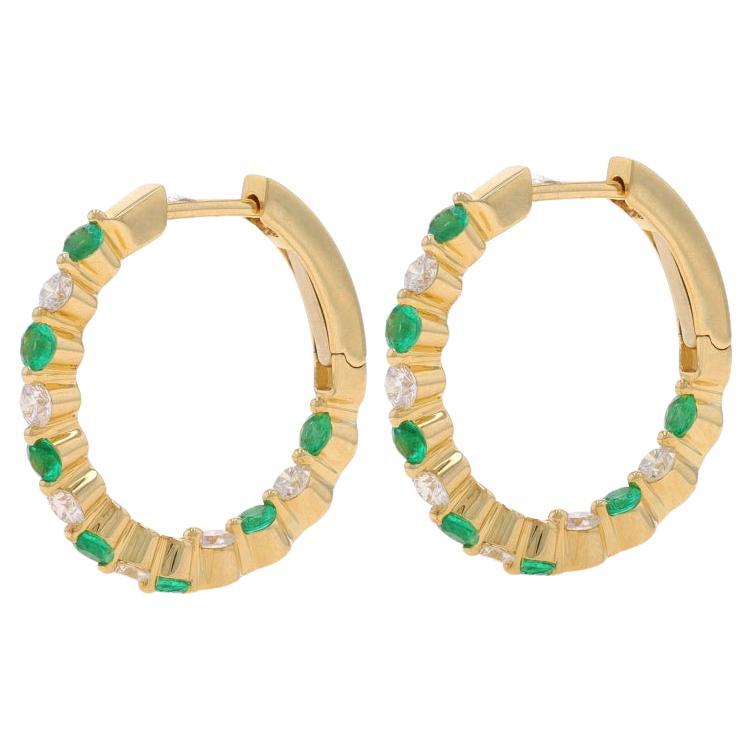 Yellow Gold Emerald & Diamond Inside-Out Hoop Earrings 14k Round 1.05ctw Pierced