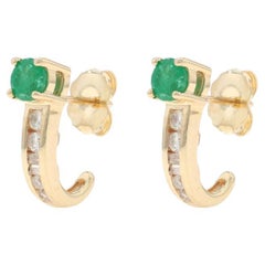 Yellow Gold Emerald Diamond J-Hook Earrings - 14k Round .76ctw Pierced