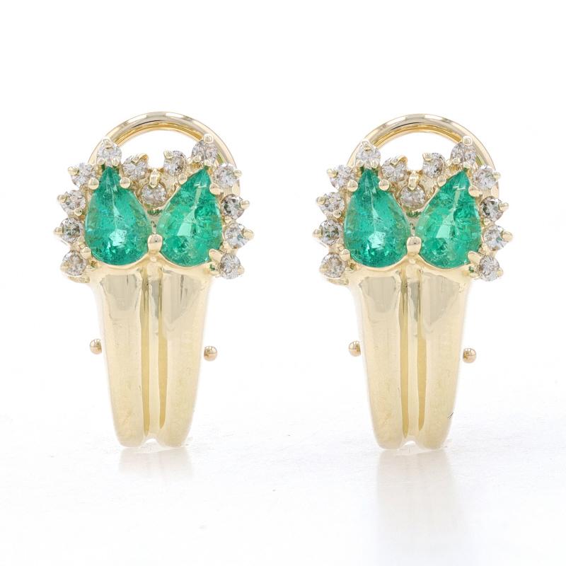 Metal Content: 14k Yellow Gold

Stone Information

Genuine Emeralds 
Treatment: Oiling 
Carat(s): 1.80ctw
Cut: Pear
Color: Green

Natural  Diamonds
Carat(s): .40ctw
Cut: Round Brilliant 
Color: K - L 
Clarity: SI1 - SI2

Total Carats: