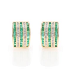 Yellow Gold Emerald Diamond J-Hoop Earrings - 14k Square 1.66ctw Stripes Pierced