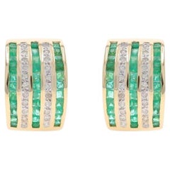Yellow Gold Emerald Diamond J-Hoop Earrings - 14k Square 1.66ctw Stripes Pierced