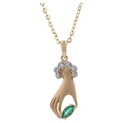 Yellow Gold Emerald Diamond Jeweled Hand Necklace 14k Marquise .38ctw Adjustable