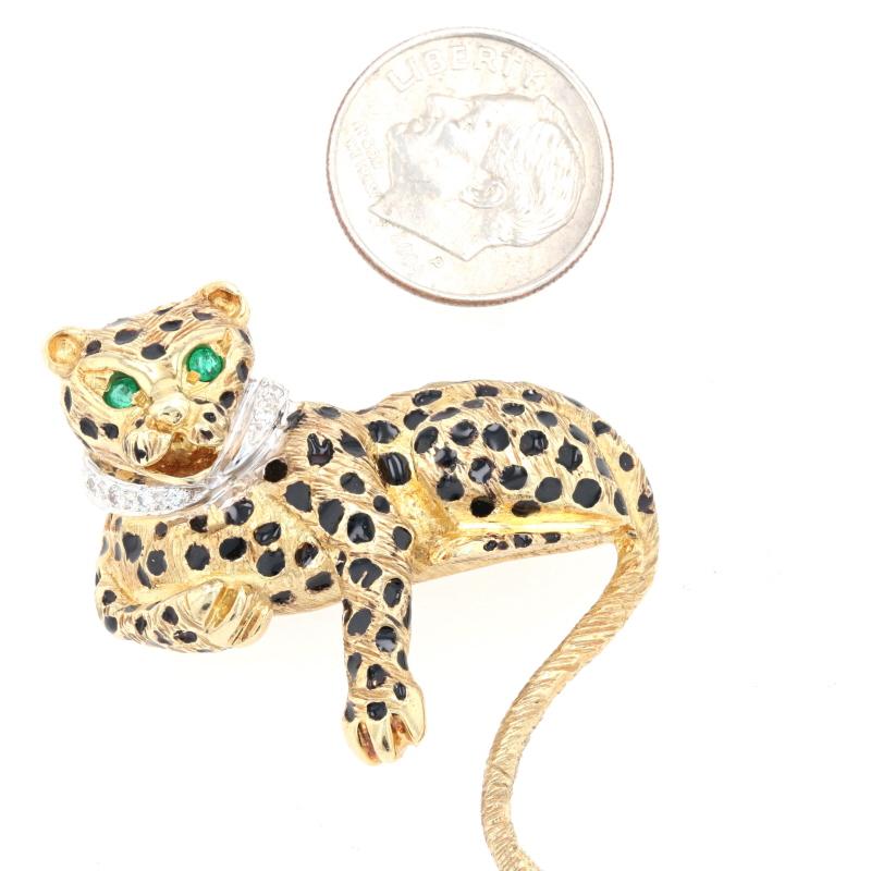 Round Cut Yellow Gold Emerald & Diamond Leopard Brooch, 14k Round .18ctw Jungle Cat Pin