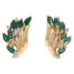 Gelbgold Smaragd Diamant Lg Cluster-Ohrstecker 10k Marquise 1,11ctw Pierce