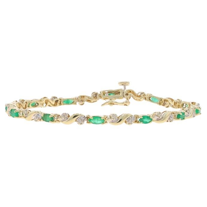Yellow Gold Emerald Diamond Link Bracelet 7 1/4" - 10k Marquise 2.48ctw For Sale