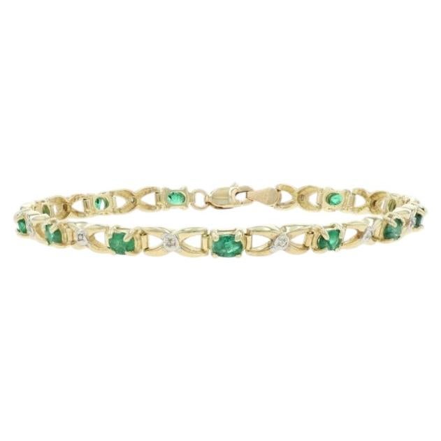 Yellow Gold Emerald Diamond Link Bracelet 7" - 10k Oval 1.46ctw