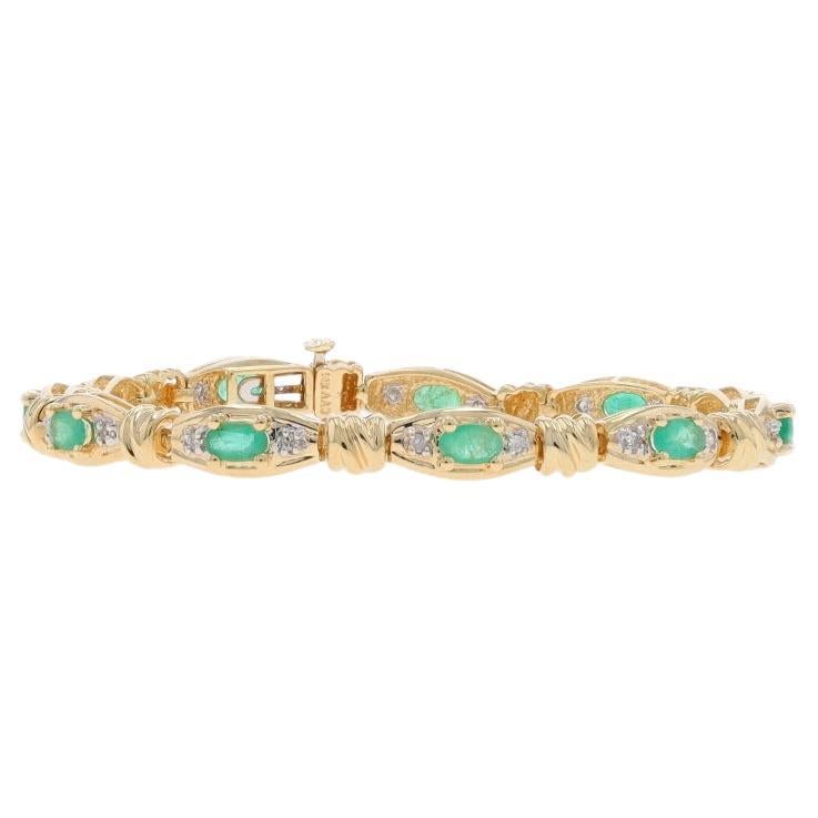 Yellow Gold Emerald Diamond Link Bracelet 7" - 14k Oval 2.97ctw