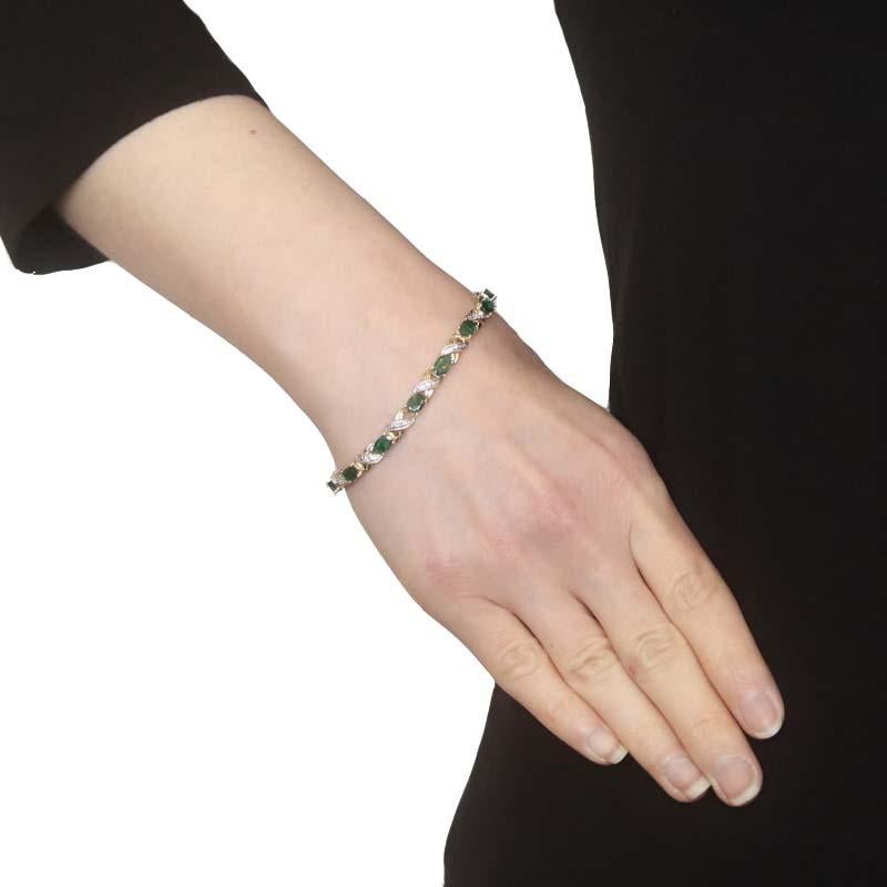 Oval Cut Yellow Gold Emerald & Diamond Link Bracelet 7
