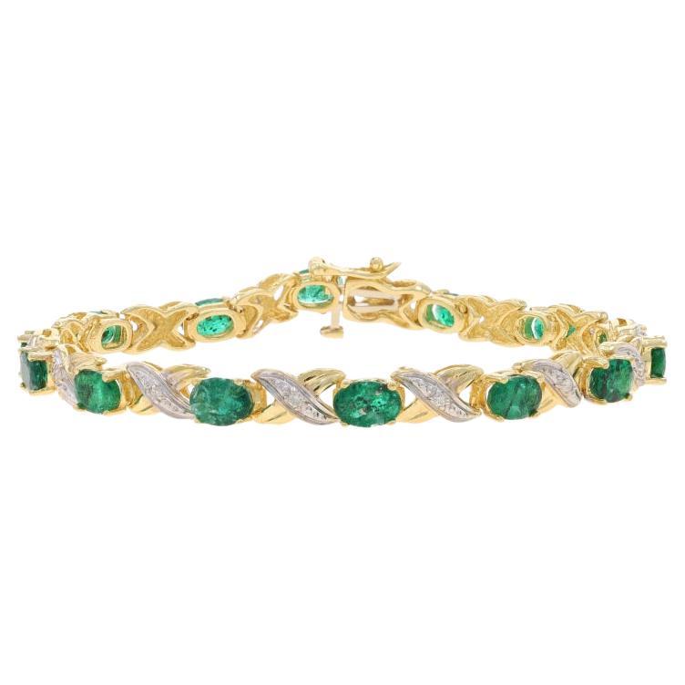 Yellow Gold Emerald Diamond Link Bracelet 7" - 14k Oval 7.43ctw For Sale