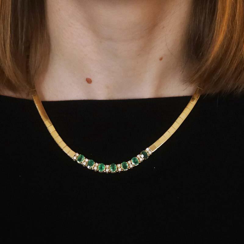 Oval Cut Yellow Gold Emerald Diamond Link Necklace 17