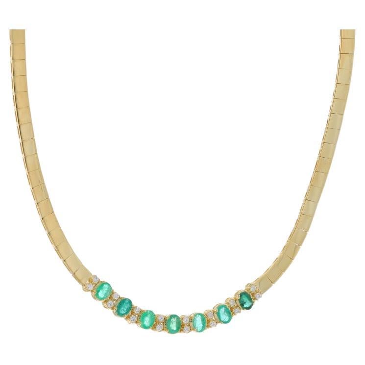 Yellow Gold Emerald Diamond Link Necklace 17" - 18k Oval 4.18ctw For Sale