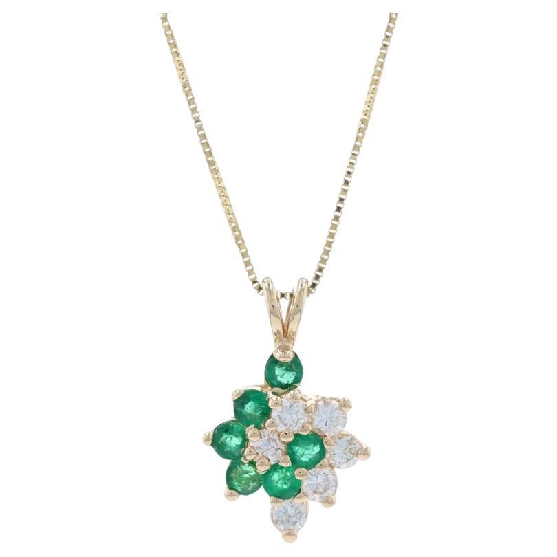 Yellow Gold Emerald & Diamond Necklace 18 1/2" - 14k Round 1.08ctw Floral Swirl For Sale