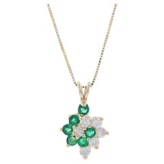 Yellow Gold Emerald & Diamond Necklace 18 1/2" - 14k Round 1.08ctw Floral Swirl