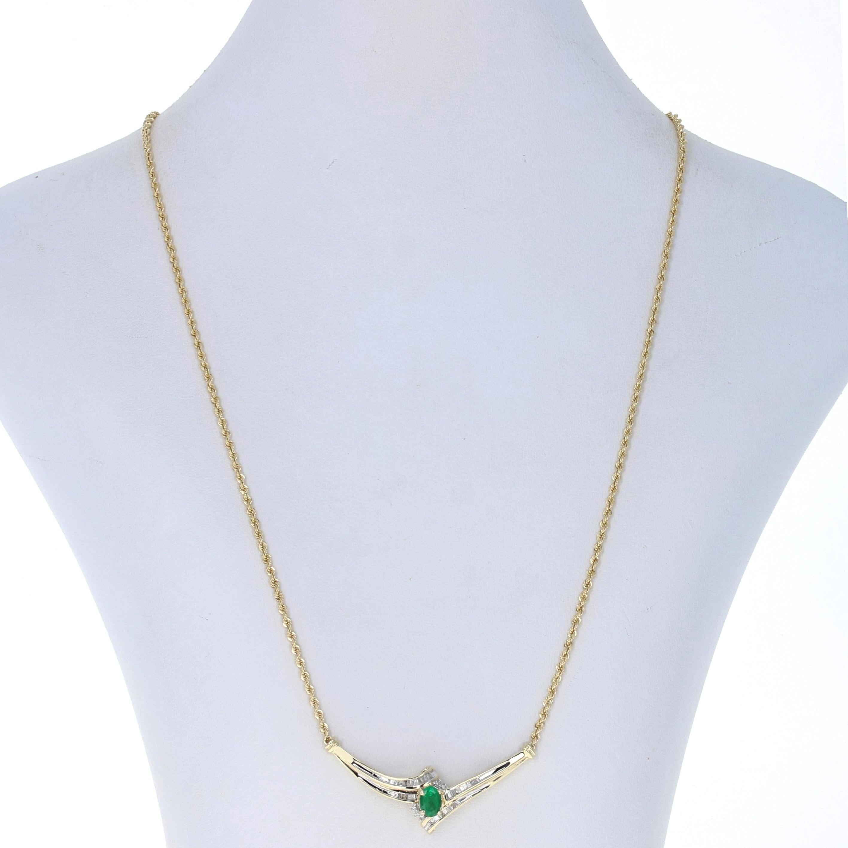 Brand: Michael Anthony (chain only)

Metal Content: 10k Yellow Gold & 10k White Gold (pendant), 14k Yellow Gold (chain)

Stone Information: 
Genuine Emerald
Treatment: Oiling 
Carat: .85ct
Cut: Oval
Color: Green 
Size: 7mm x 4.8mm

Natural