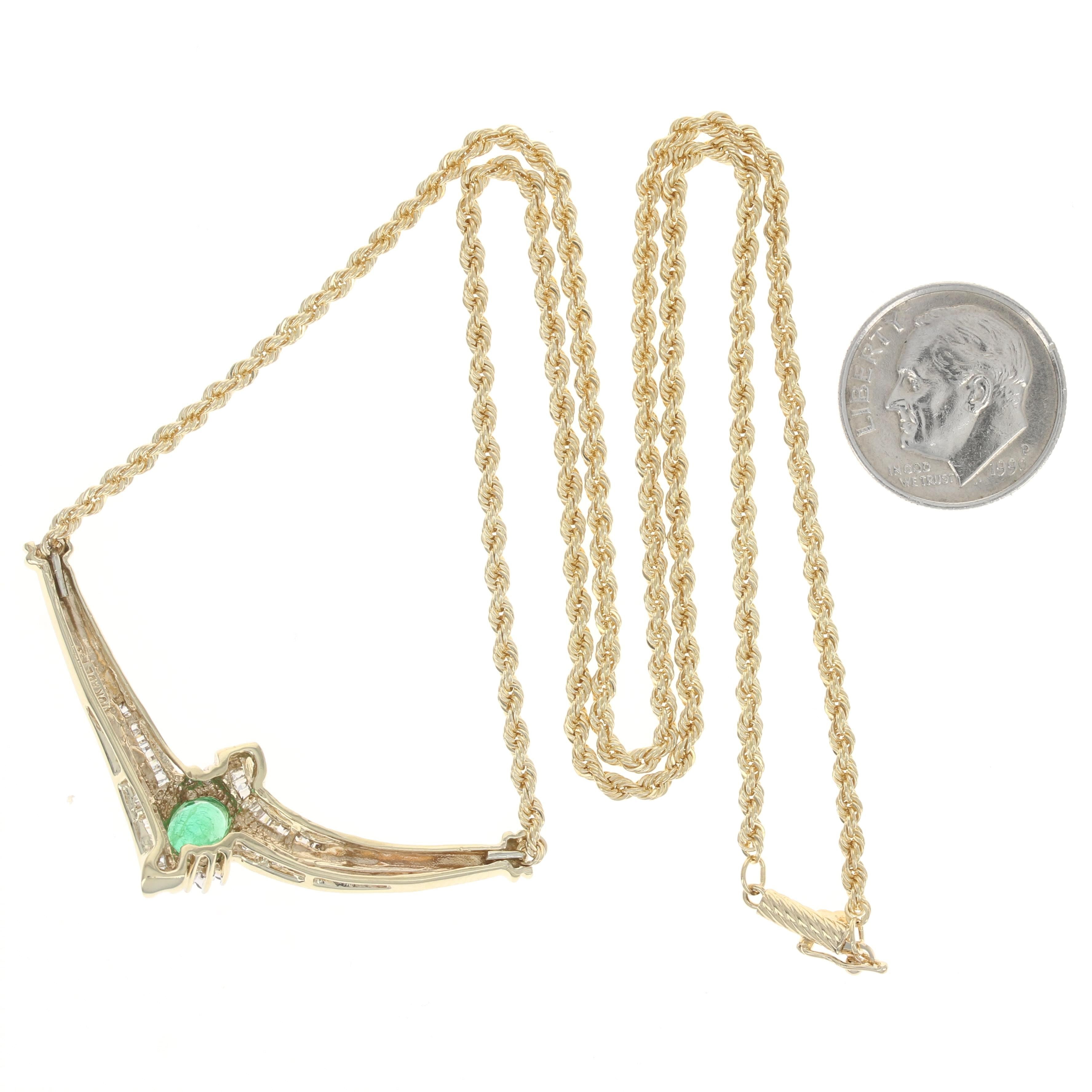 Yellow Gold Emerald & Diamond Necklace, 10k & 14k Oval Cut 1.18ctw Rope In Excellent Condition In Greensboro, NC