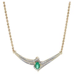 Yellow Gold Emerald & Diamond Necklace, 10k & 14k Oval Cut 1.18ctw Rope