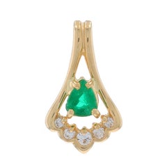 Yellow Gold Emerald Diamond Pendant - 14k Pear .30ctw Scallop