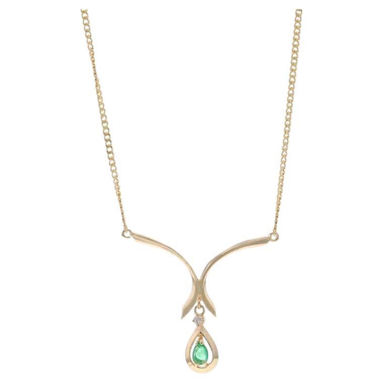 Yellow Gold Emerald Diamond Pendant Necklace 18 1/2" - 14k Pear .12ctw Teardrop