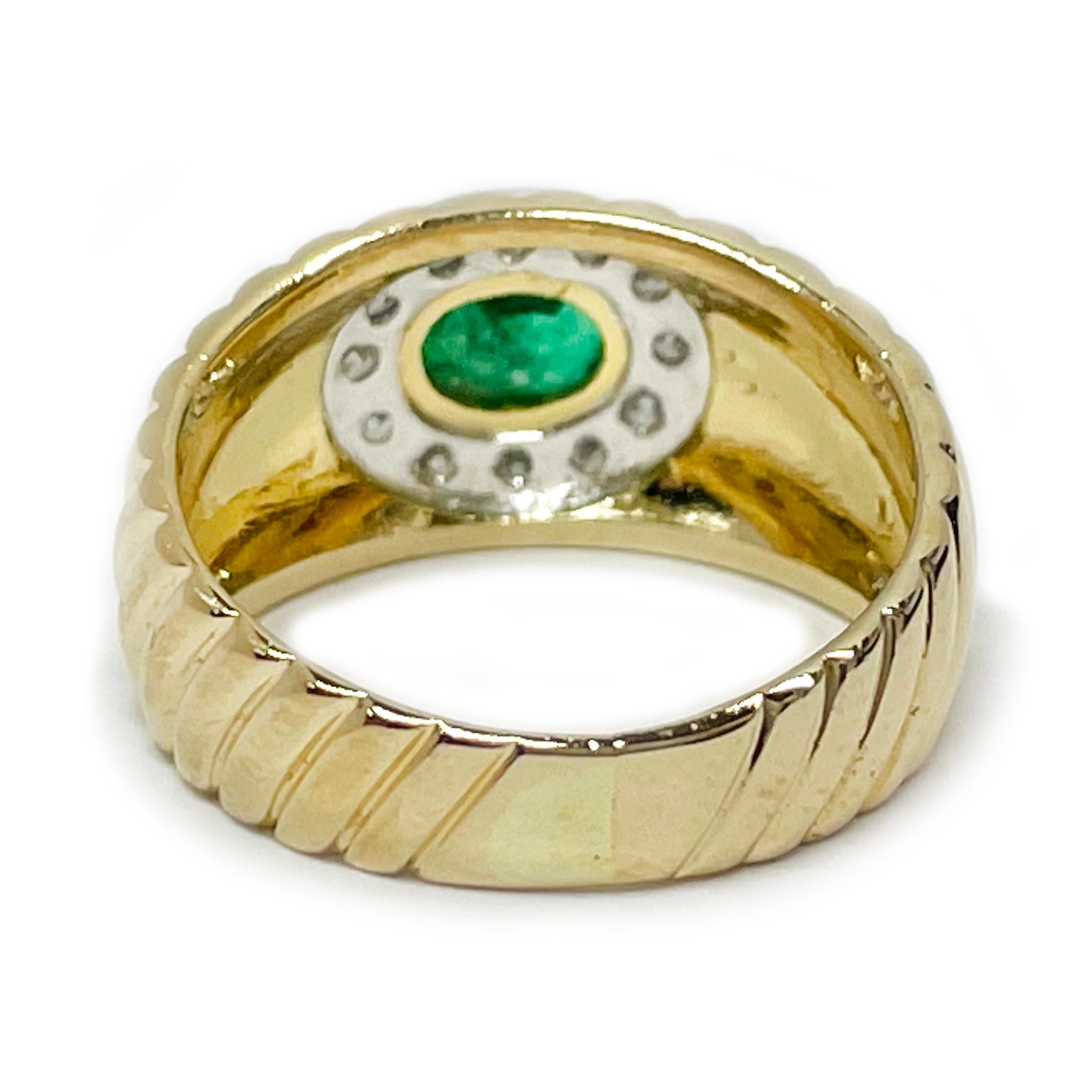 Oval Cut Yellow Gold Emerald Diamond Ridged Ring For Sale