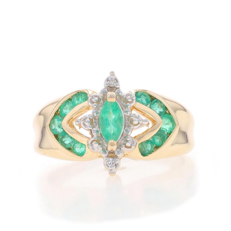 Size: 7 1/2

Metal Content: 10k Yellow Gold & 10k White Gold

Stone Information

Natural Emeralds
Treatment: Oiling
Carat(s): .70ctw
Cut: Marquise & Round
Color: Green

Natural Diamonds
Cut: Single
Stone Note: (two small accents)

Total Carats: