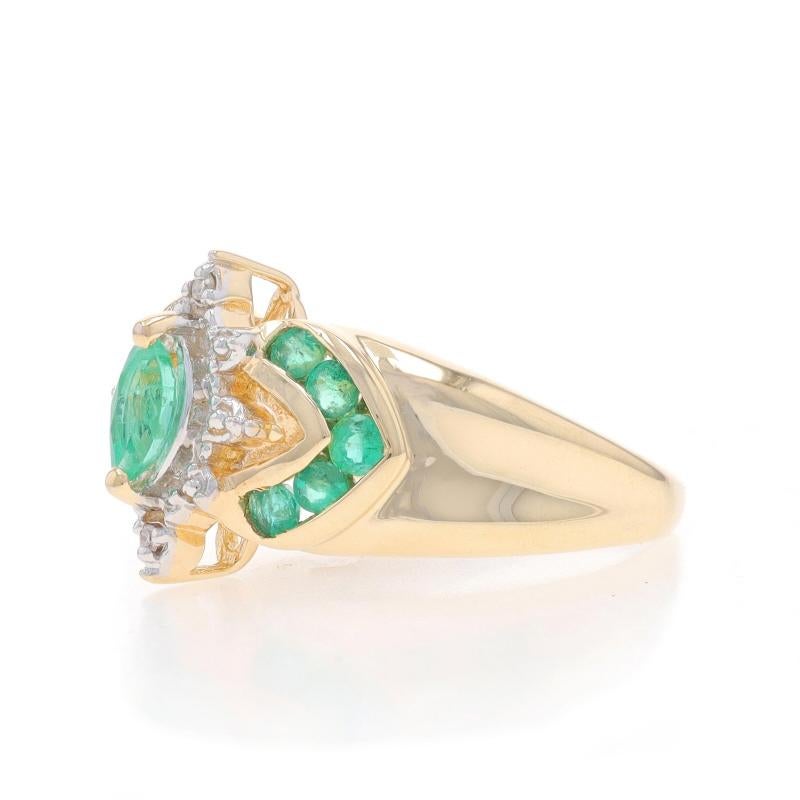 Yellow Gold Emerald Diamond Ring - 10k Marquise & Round .70ctw In Excellent Condition For Sale In Greensboro, NC