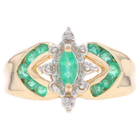 Yellow Gold Emerald Diamond Ring - 10k Marquise & Round .70ctw For Sale